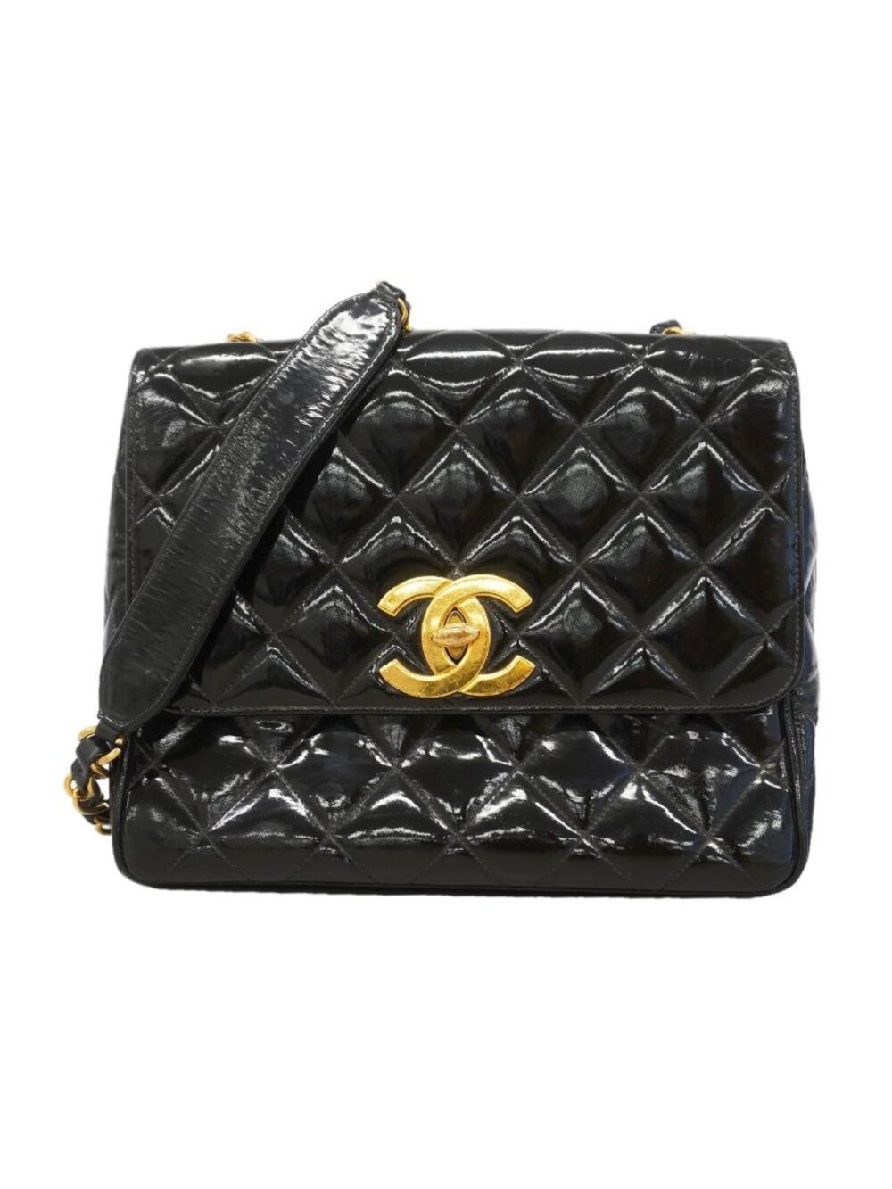 Chanel Shoulder Bag Quilted Jumbo CC Logo Patent Leather Black Gold